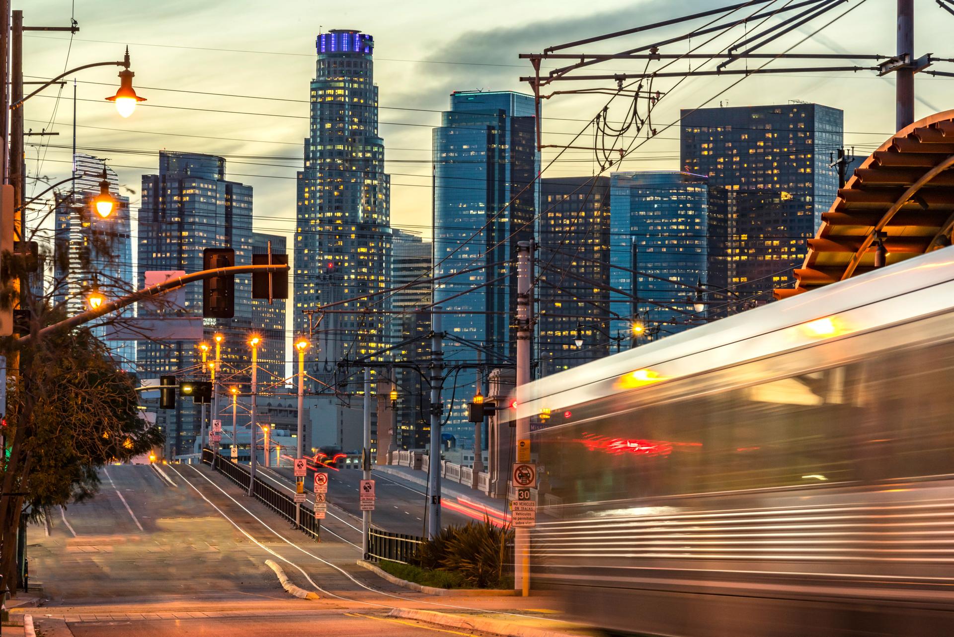 Los angeles skyline in the evening and subway